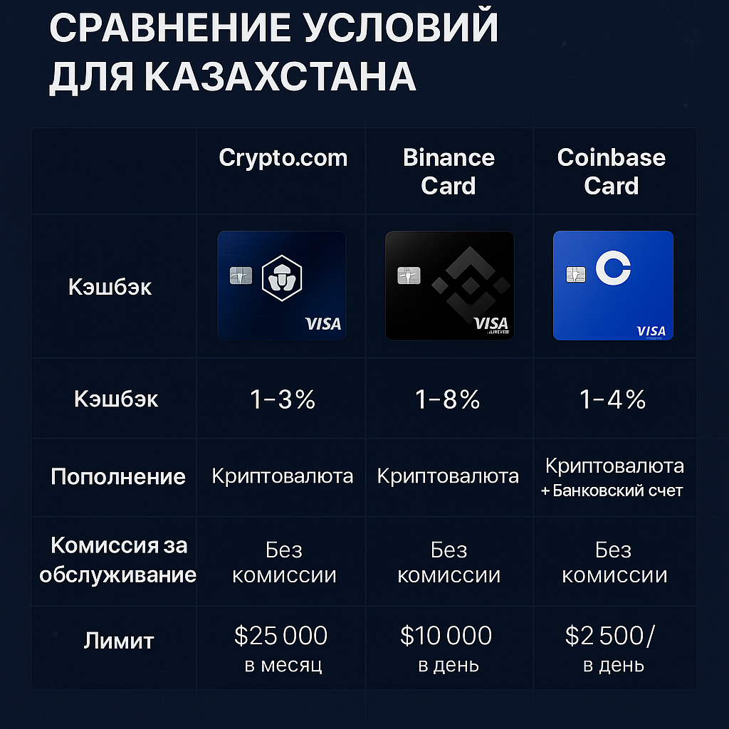Crypto.com, Binance Card и Coinbase Card: полное сравнение условий для Казахстана